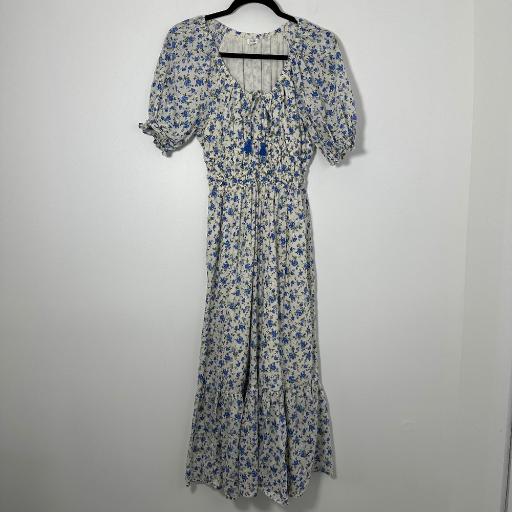 Tea Rose Blue & White Ditsy Floral Coquette Cottagecore Midi Dress Sz Small